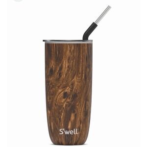 S'well Teakwood Tumblers 24oz Insulated + Stainless Steel Straw Rare Version NEW